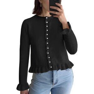 Alljoin Women Black Long Sleeve Solid Knit Cardigan Casual Crewneck Sweater